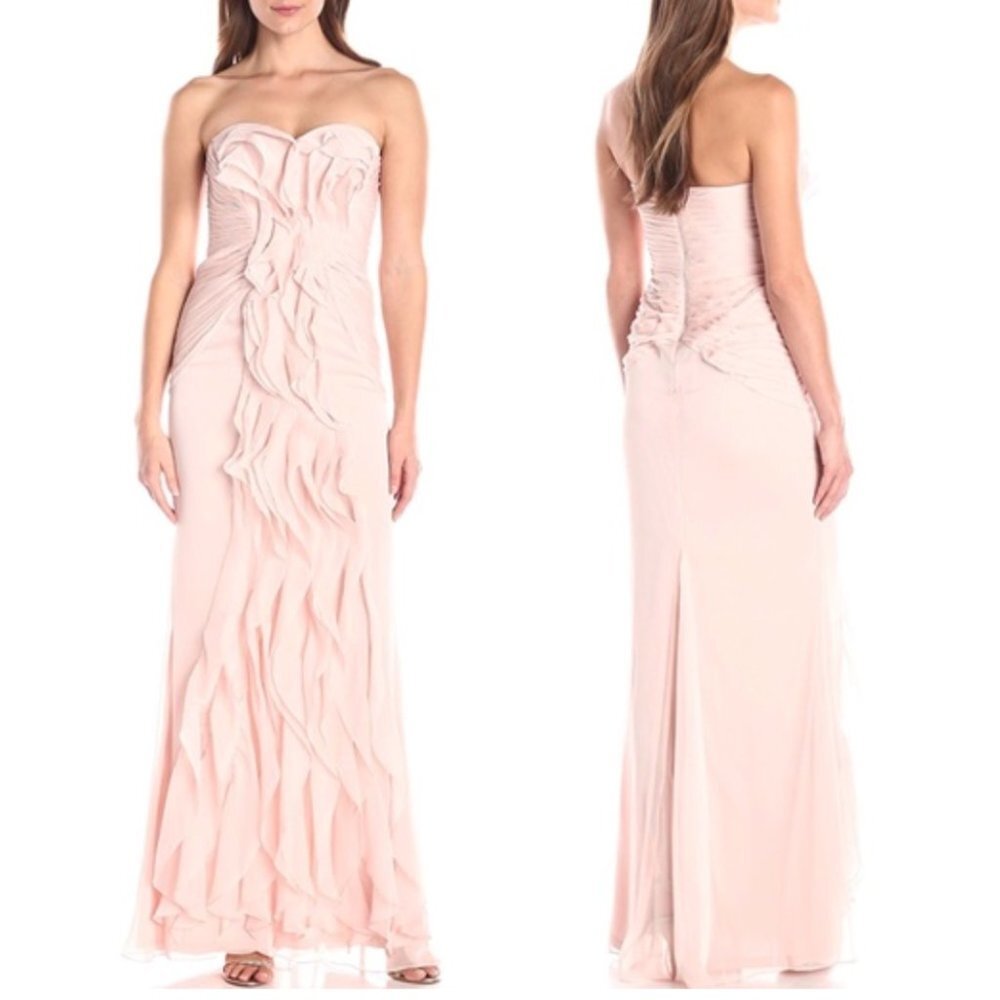 Adrianna Papell Strapless Gown Chiffon Ruffle Front Maxi Dress Pink Blush